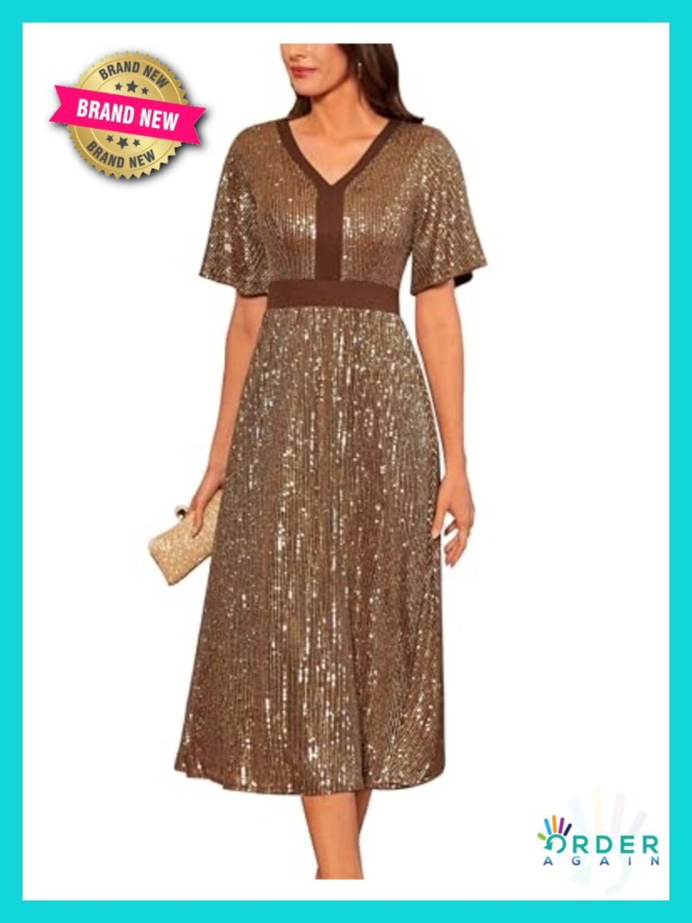 Sequin V Neck Ruffle Sleeve Empire Waist A Line Midi Cocktail Dress